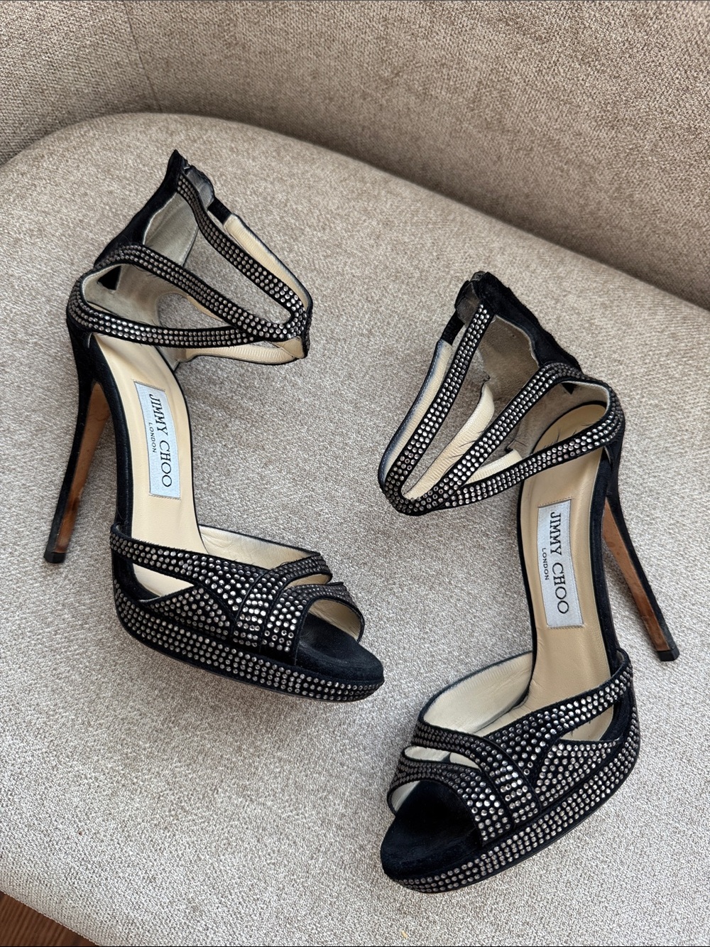 Jimmy Choo Black Crystal-Studded Strappy High Heels